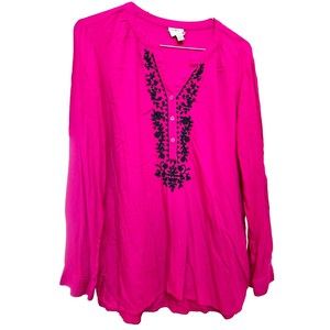 Pink Embroidered Hippie Peasant Blouse 70's XL India St John's Bay Retro